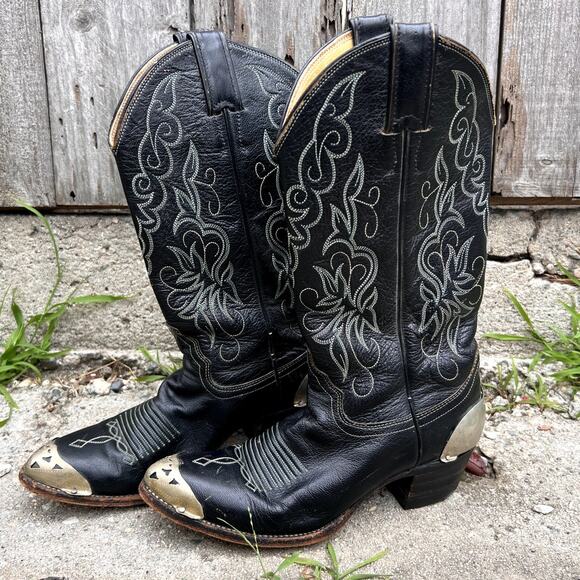Justin | Women's Vintage Steel Toe Embroidered Leather Cowboy Boots Black Size 7 - Picture 3 of 8